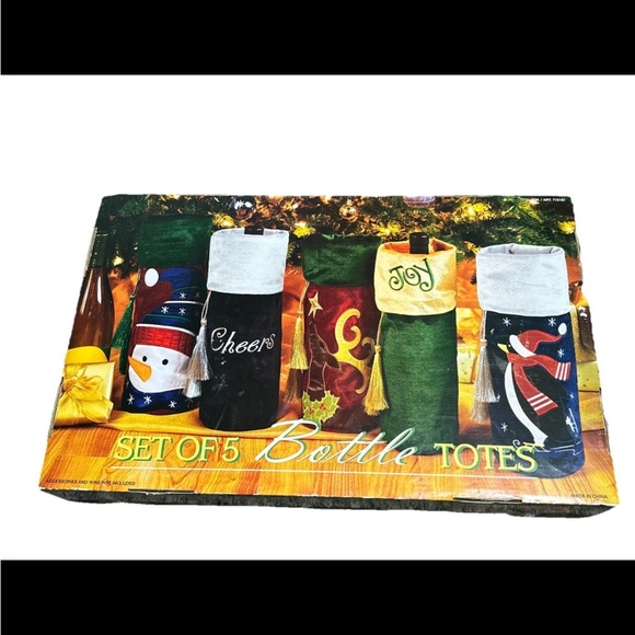 Vintage Bottle Totes Gift Set Of 5 Costco Christmas Holiday Snowman Velvet - Picture 1 of 10